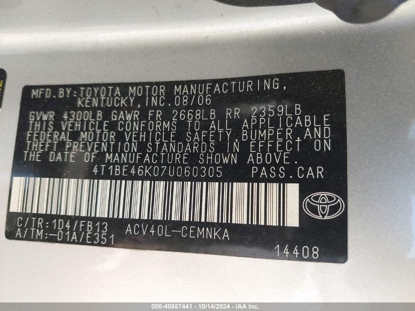 2007 Toyota Camry Ce VIN: 4T1BE46K07U060305 Lot: 40557441