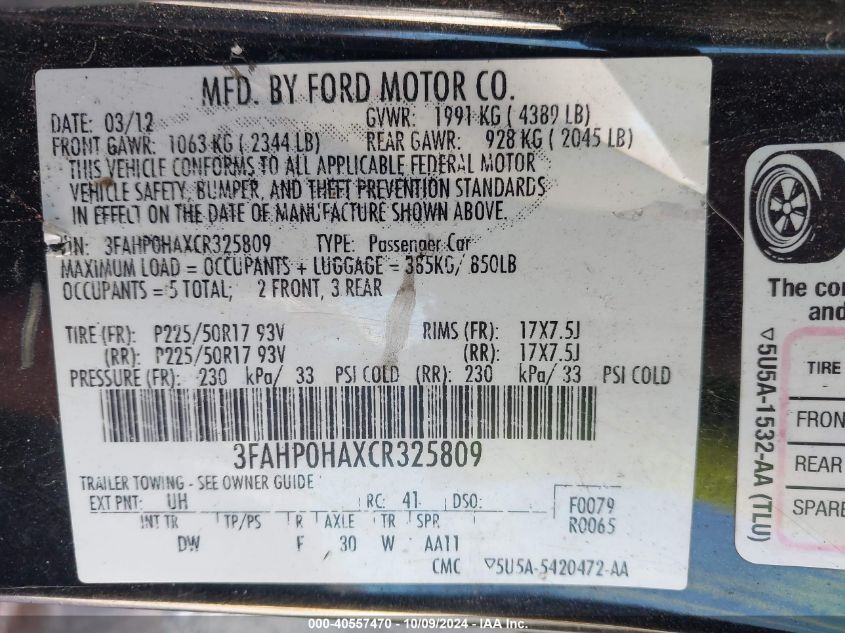 3FAHP0HAXCR325809 2012 Ford Fusion Se