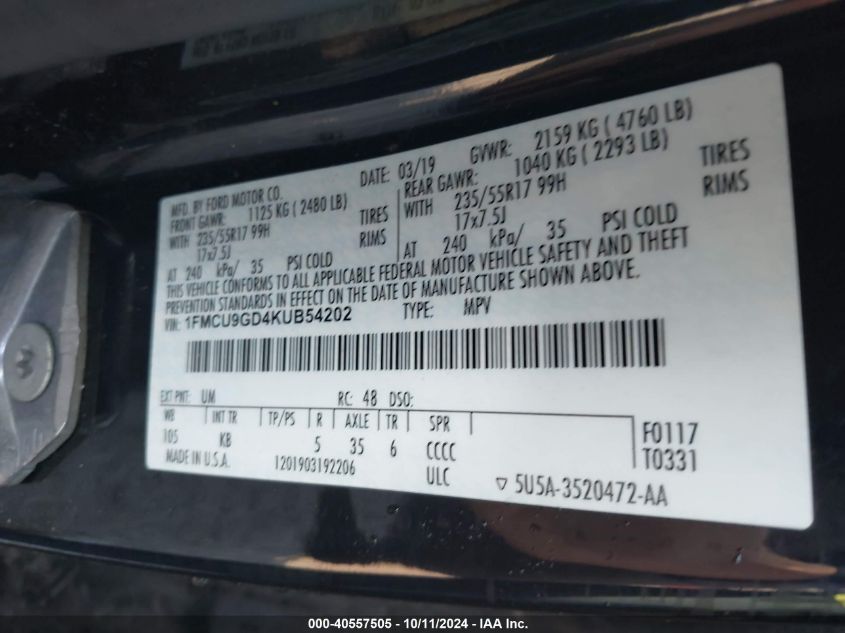 1FMCU9GD4KUB54202 2019 Ford Escape Se