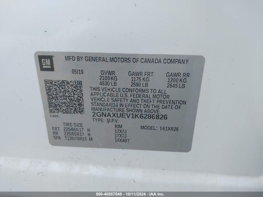 2GNAXUEV1K6286826 2019 Chevrolet Equinox Lt