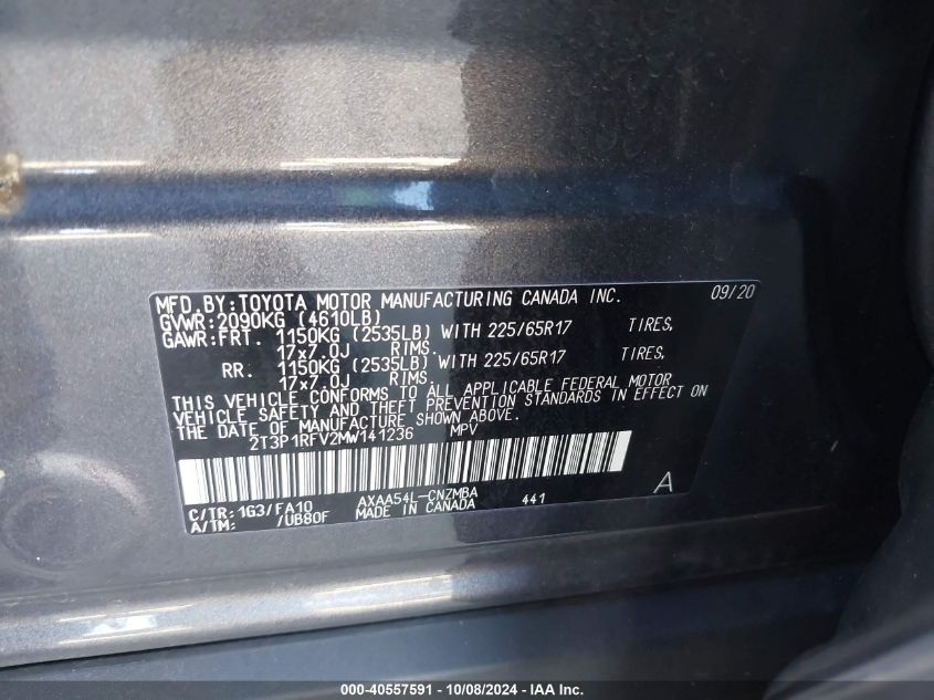 2T3P1RFV2MW141236 2021 Toyota Rav4 Xle