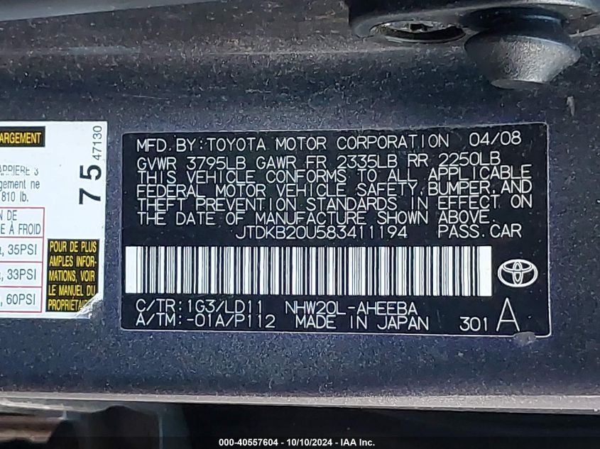 JTDKB20U583411194 2008 Toyota Prius