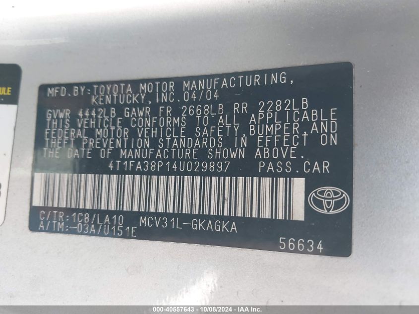 4T1FA38P14U029897 2004 Toyota Camry Solara Sle