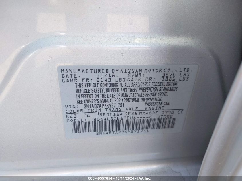 3N1AB7AP7KY271751 2019 Nissan Sentra Sv