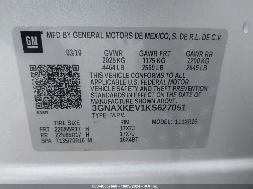 3GNAXKEV1KS627051 2019 Chevrolet Equinox Lt