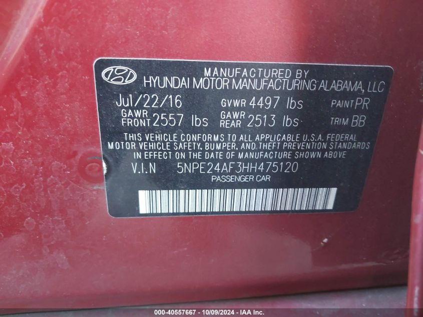 5NPE24AF3HH475120 2017 Hyundai Sonata Se