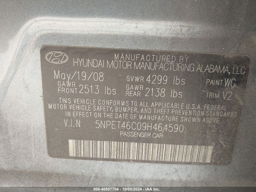 5NPET46C09H464590 2009 Hyundai Sonata Gls