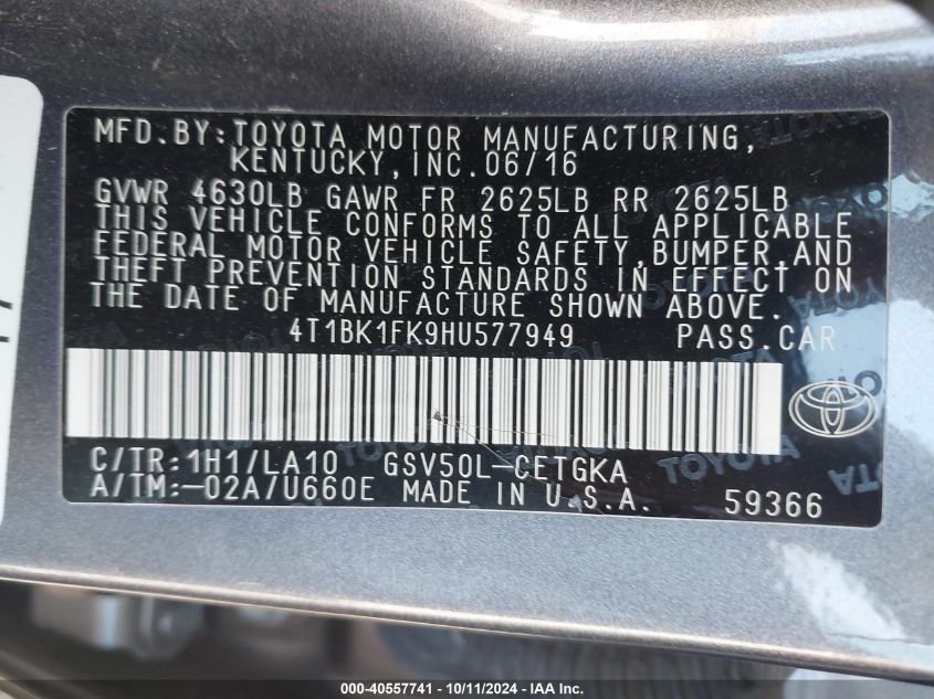 4T1BK1FK9HU577949 2017 Toyota Camry Xle V6