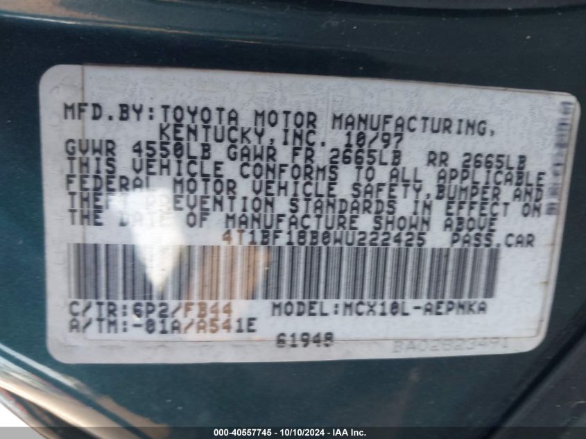 1998 Toyota Avalon Xl VIN: 4T1BF18B0WU222425 Lot: 40557745