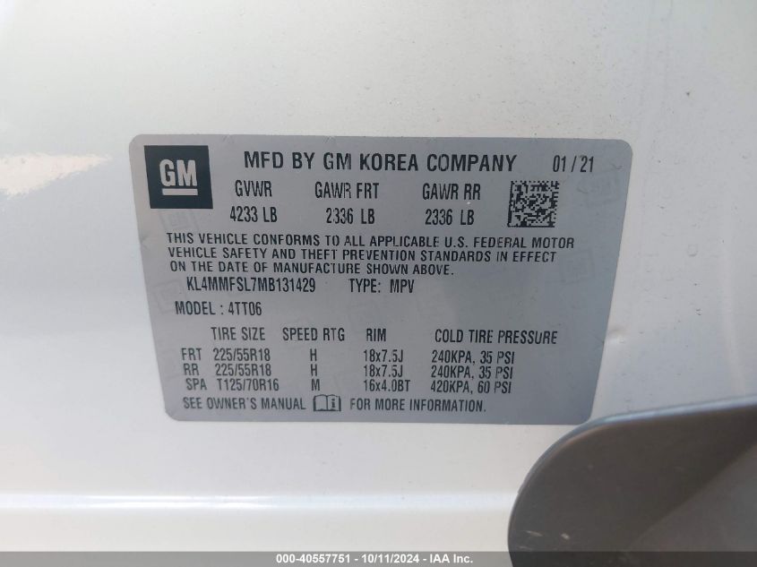 2021 Buick Encore Gx Fwd Essence VIN: KL4MMFSL7MB131429 Lot: 40557751