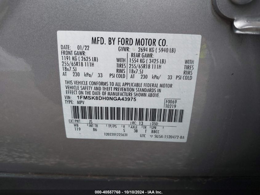 1FMSK8DH0NGA43975 2022 Ford Explorer Xlt