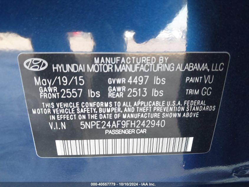 5NPE24AF9FH242940 2015 Hyundai Sonata Se