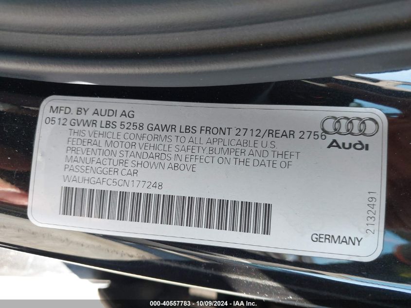 2012 Audi A6 3.0 Premium VIN: WAUHGAFC5CN177248 Lot: 40557783