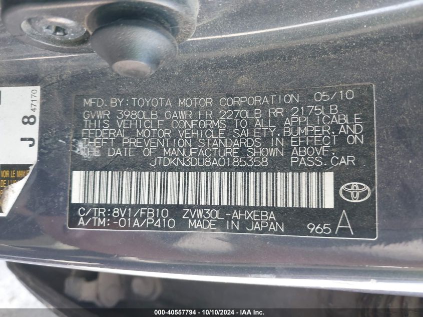 JTDKN3DU8A0185358 2010 Toyota Prius Ii