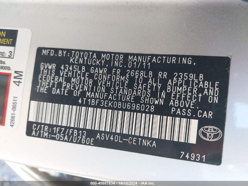 4T1BF3EK0BU696028 2011 Toyota Camry Le