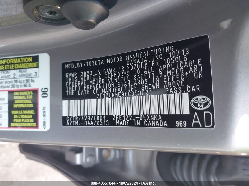 2T1BURHE9EC053021 2014 Toyota Corolla L/Le/Le Pls/Prm/S/S Pls