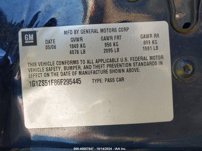 2006 Chevrolet Malibu Ls VIN: 1G1ZS51F86F295445 Lot: 40557847