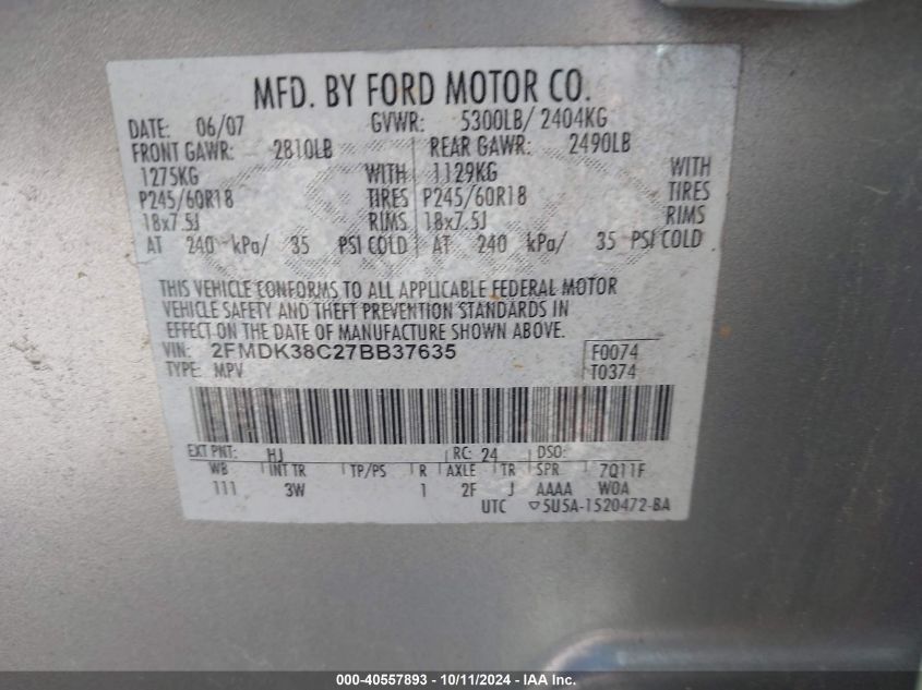 2FMDK38C27BB37635 2007 Ford Edge Sel