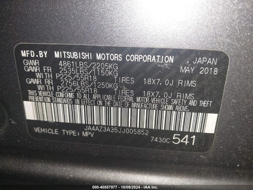 JA4AZ3A35JJ005852 2018 Mitsubishi Outlander Se/Sel/Le