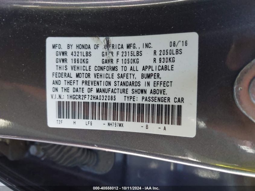 1HGCR2F72HA032085 2017 Honda Accord Ex