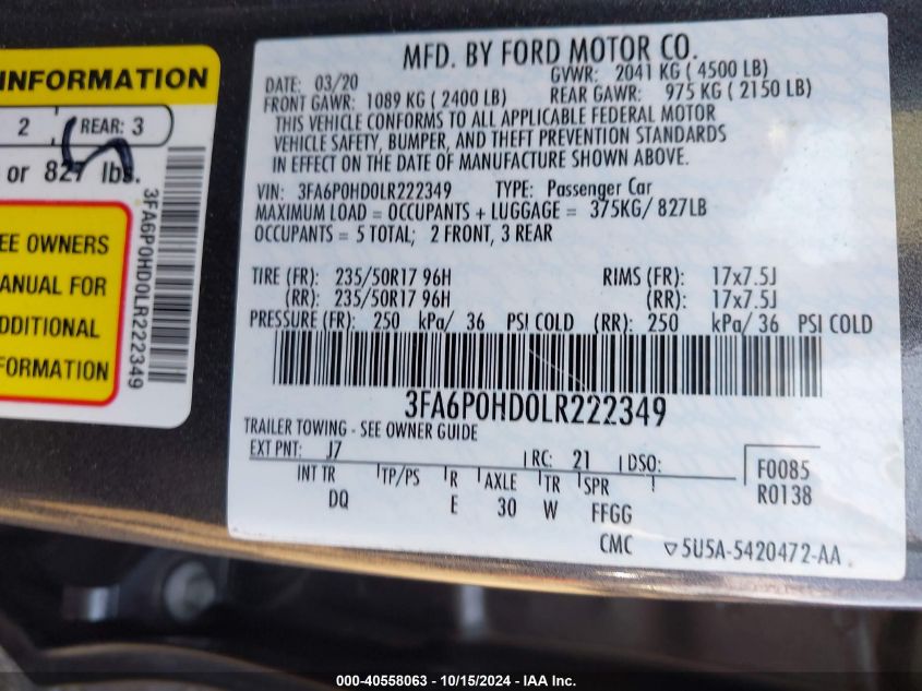 VIN 3FA6P0HD0LR222349 2020 Ford Fusion, SE no.9