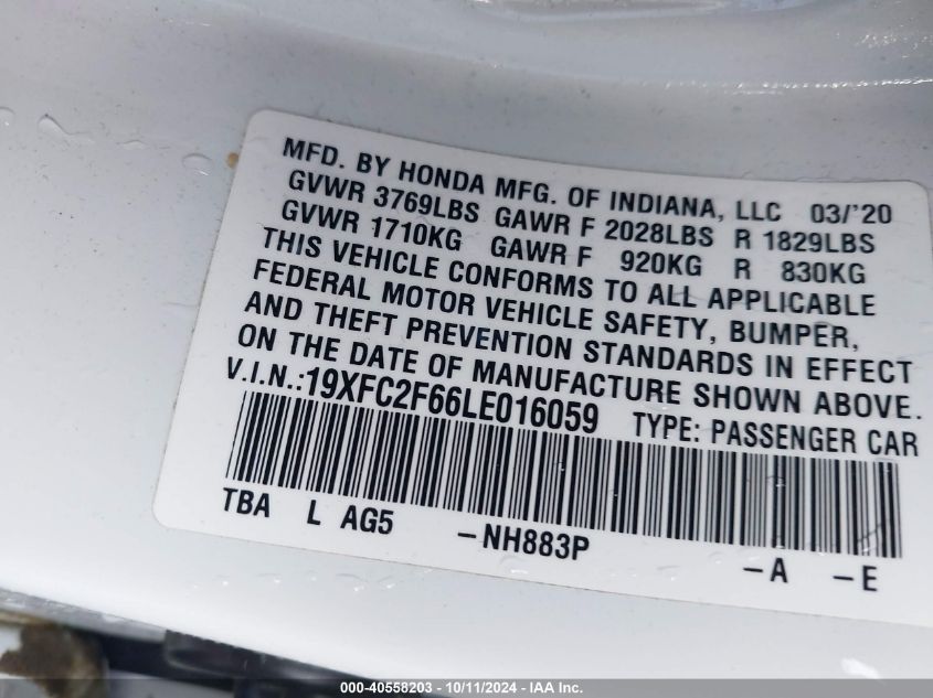 2020 Honda Civic Lx VIN: 19XFC2F66LE016059 Lot: 40558203