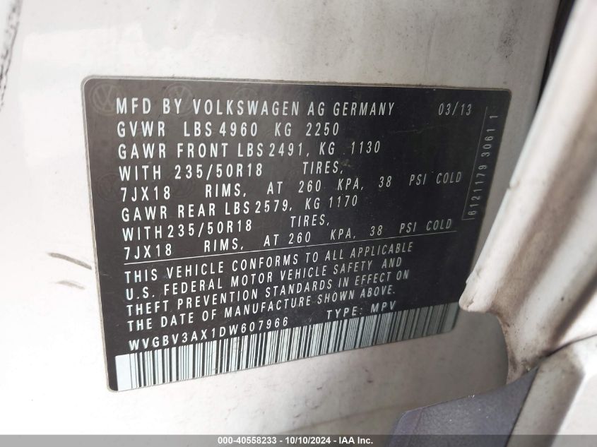 2013 VOLKSWAGEN TIGUAN SE - WVGBV3AX1DW607966