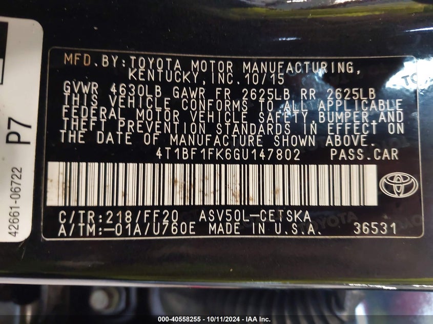 Image 9 of 2016 Toyota Camry  salvage vehicle - Lot #40558255 at IAAI
