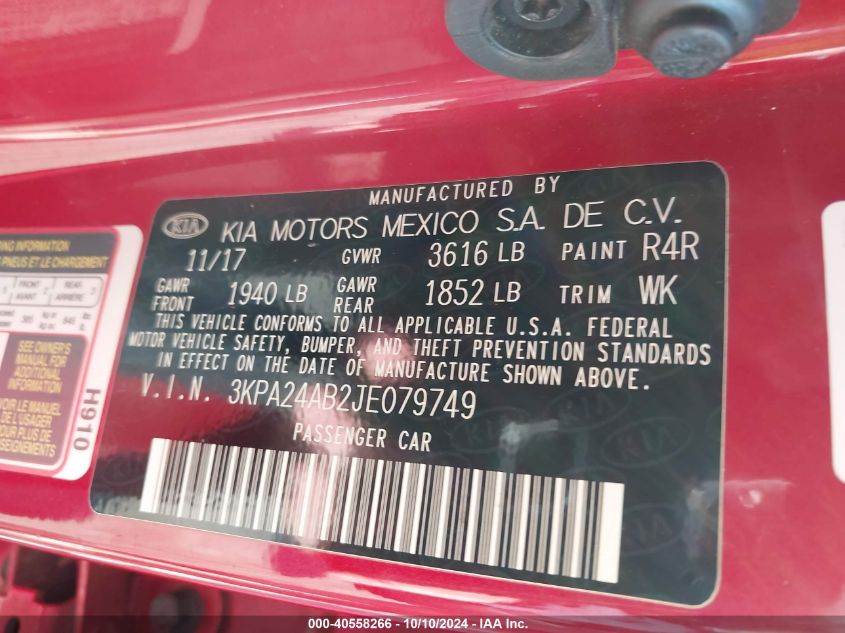 3KPA24AB2JE079749 2018 Kia Rio S