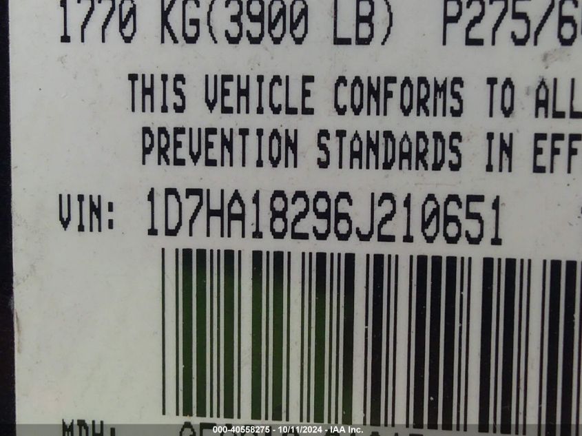 2006 Dodge Ram 1500 St/Slt VIN: 1D7HA18296J210651 Lot: 40558275