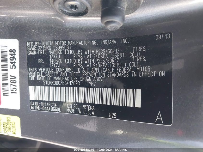 5TDKK3DC7ES417693 2014 Toyota Sienna Le V6 8 Passenger