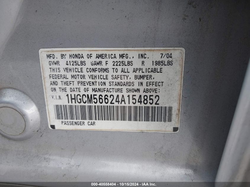 2004 Honda Accord 2.4 Ex VIN: 1HGCM56624A154852 Lot: 40558404