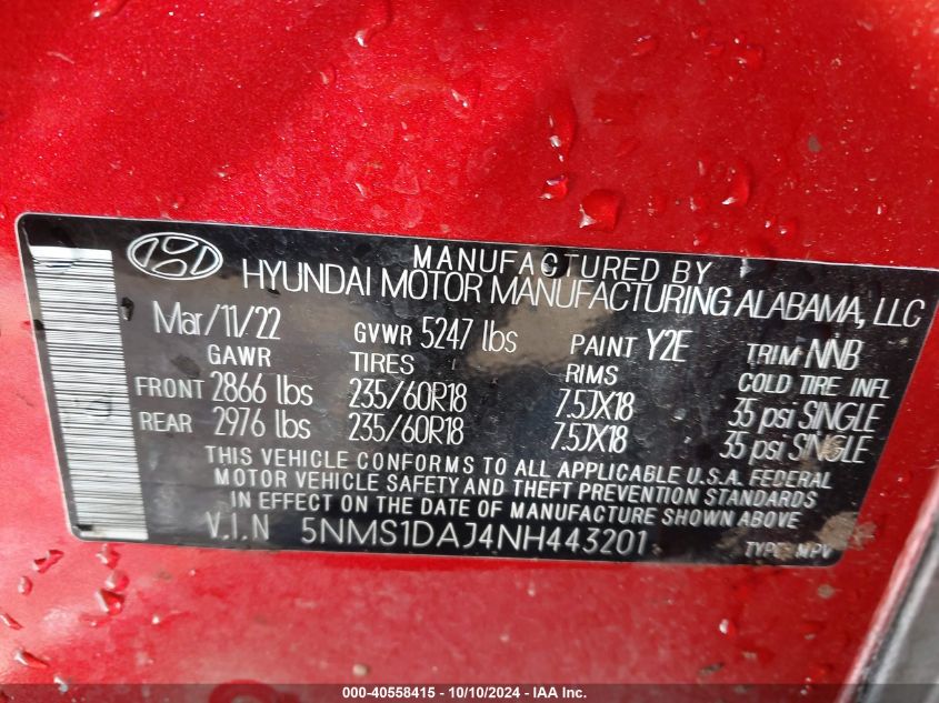 2022 Hyundai Santa Fe Se VIN: 5NMS1DAJ4NH443201 Lot: 40558415