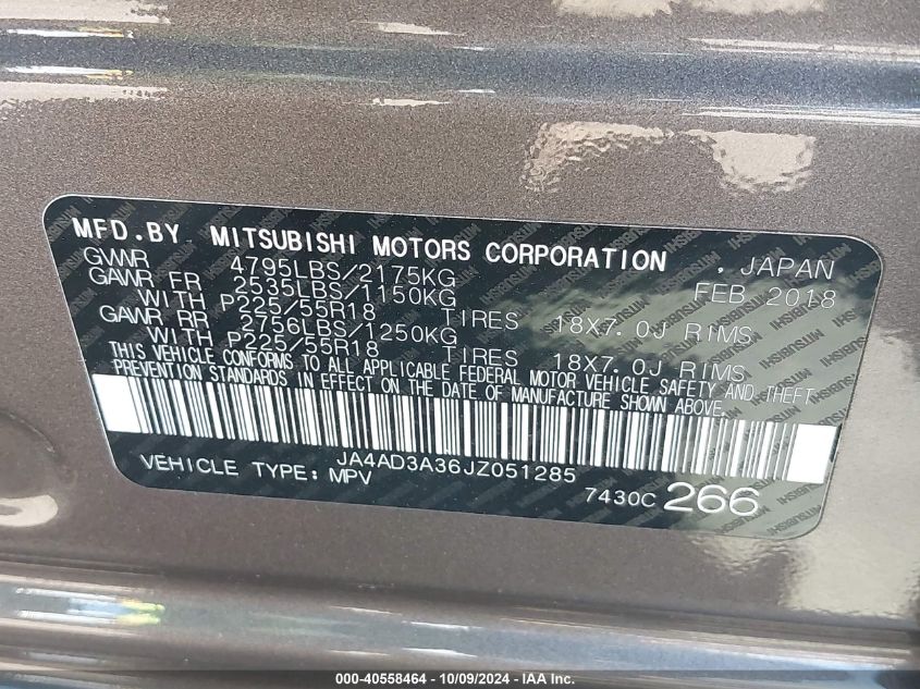 JA4AD3A36JZ051285 2018 Mitsubishi Outlander Le