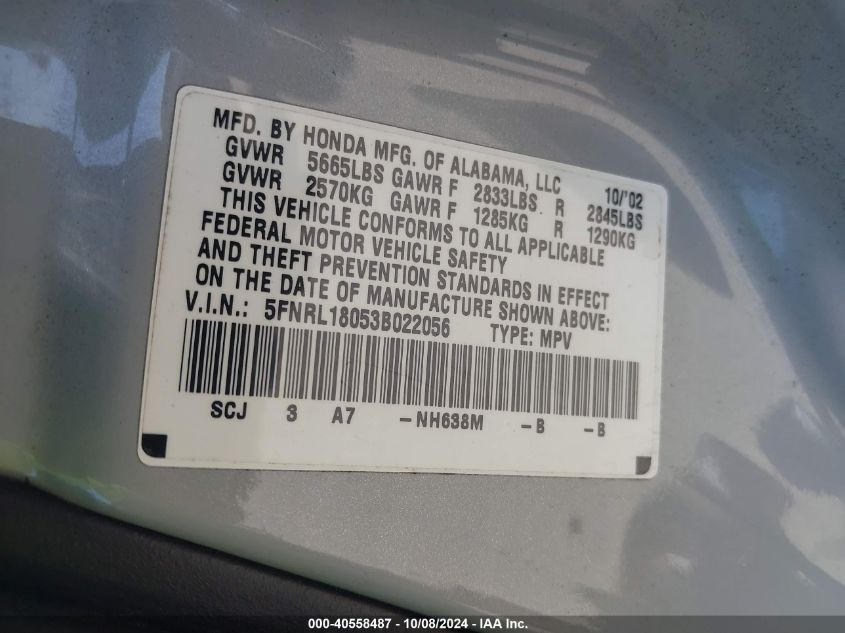 5FNRL18053B022056 2003 Honda Odyssey Ex-L