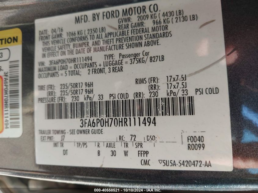 3FA6P0H70HR111494 2017 Ford Fusion Se