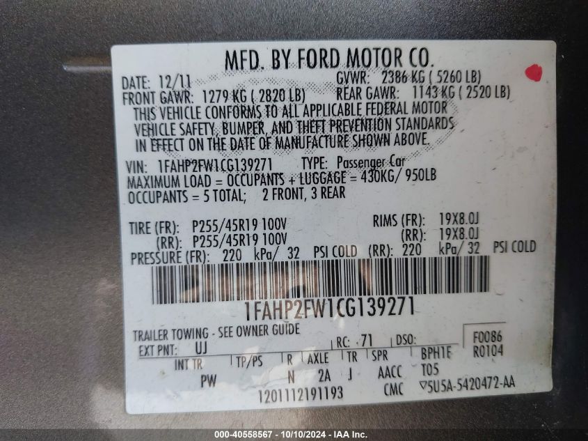 1FAHP2FW1CG139271 2012 Ford Taurus Limited