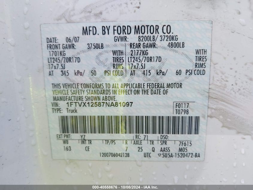 1FTVX12587NA81097 2007 Ford F-150 Xl/Xlt