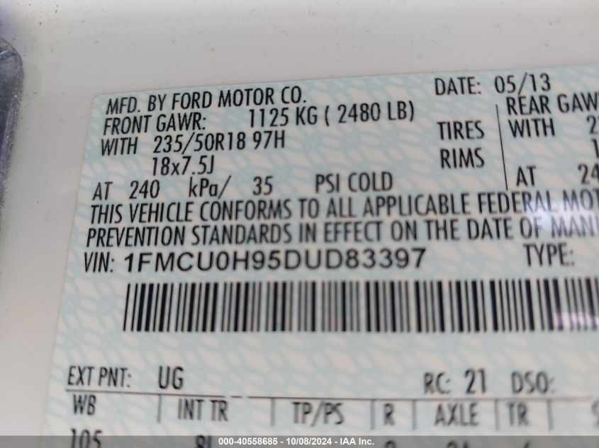 1FMCU0H95DUD83397 2013 Ford Escape Sel