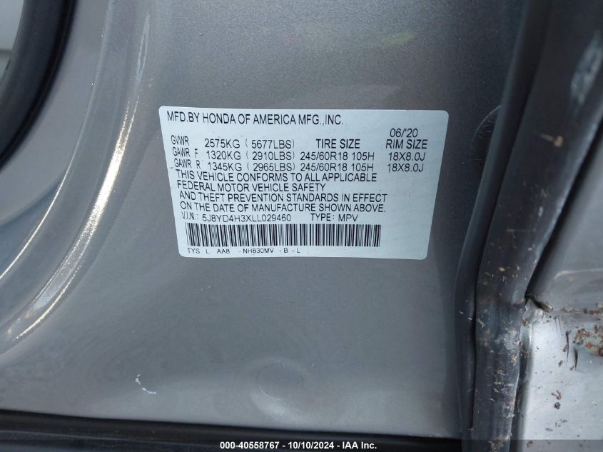 2020 Acura Mdx Standard VIN: 5J8YD4H3XLL029460 Lot: 40558767