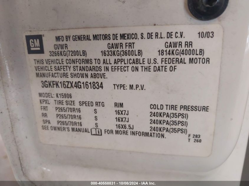 3GKFK16ZX4G161834 2004 GMC Yukon Xl 1500 Slt