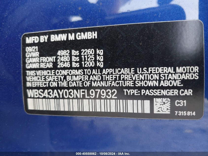 2022 BMW M3 Competition xDrive VIN: WBS43AY03NFL97932 Lot: 40558862