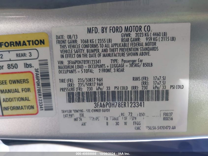 3FA6P0H78ER123341 2014 Ford Fusion Se