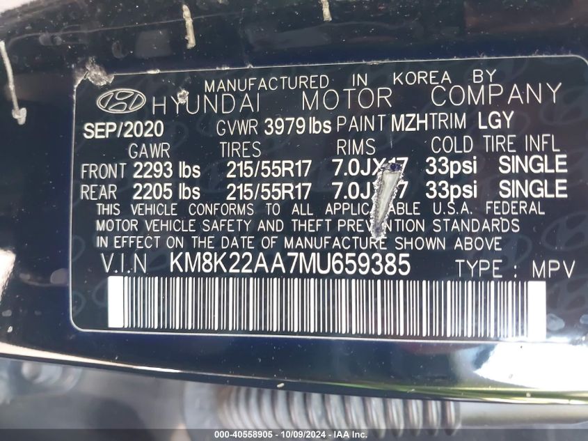 2021 Hyundai Kona Sel VIN: KM8K22AA7MU659385 Lot: 40558905