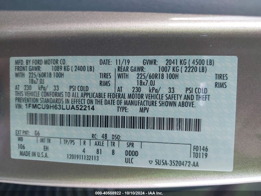 1FMCU9H63LUA52214 2020 Ford Escape Sel