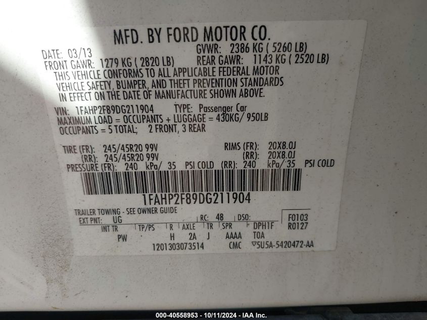 2013 FORD TAURUS LIMITED - 1FAHP2F89DG211904