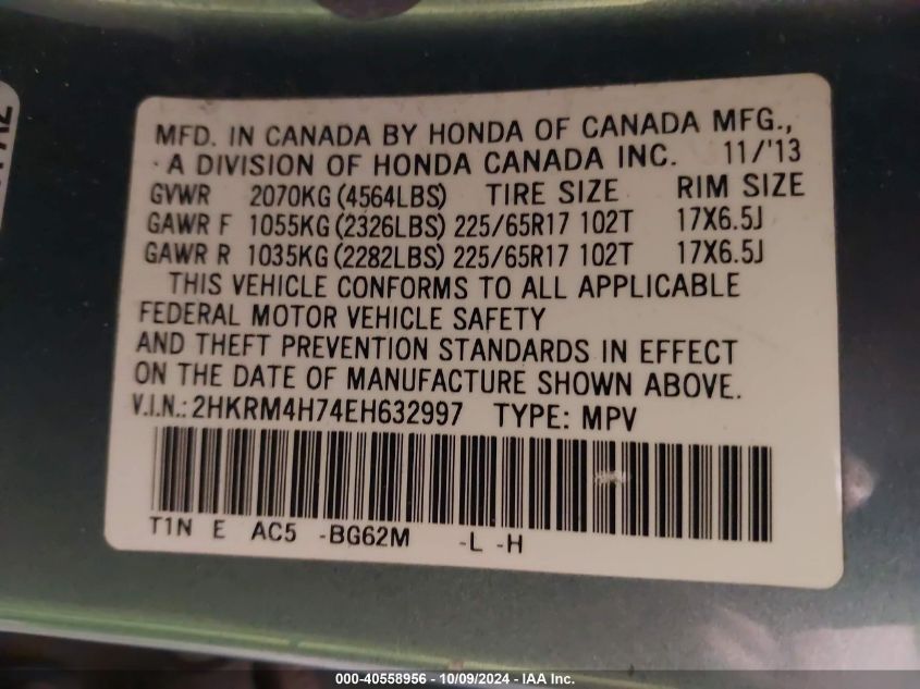 2HKRM4H74EH632997 2014 Honda Cr-V Ex-L