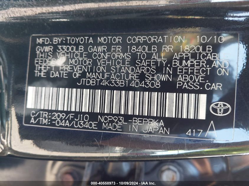 JTDBT4K33B1404308 2011 Toyota Yaris