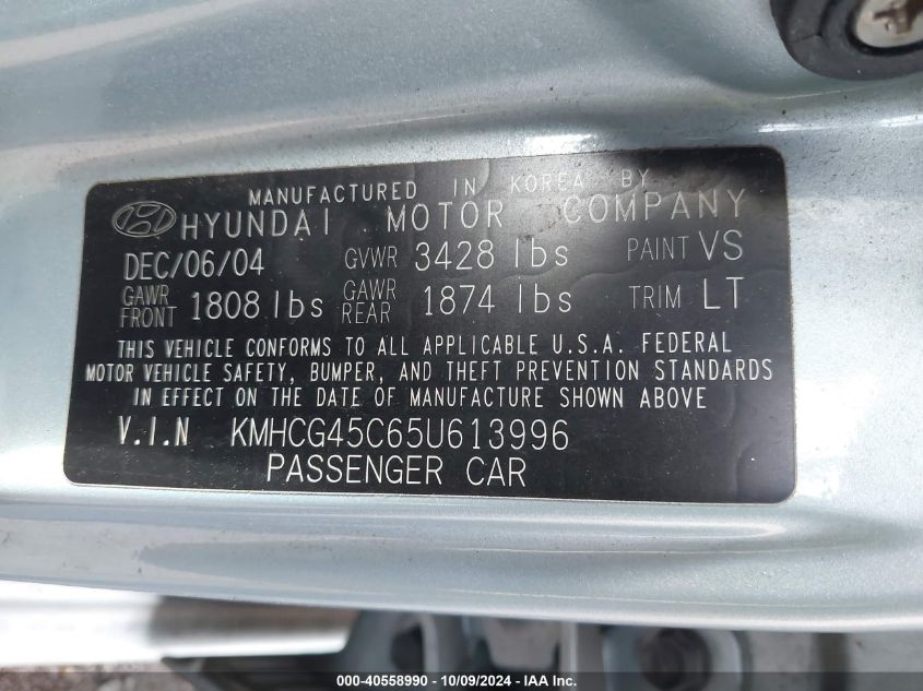 KMHCF35G65U613996 2005 Hyundai Accent L