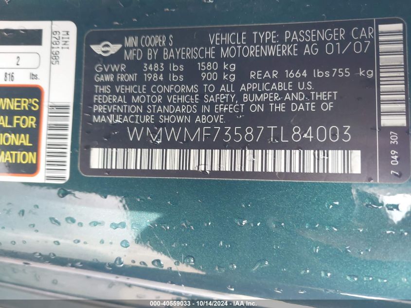 2007 Mini Cooper S VIN: WMWMF73587TL84003 Lot: 40559033